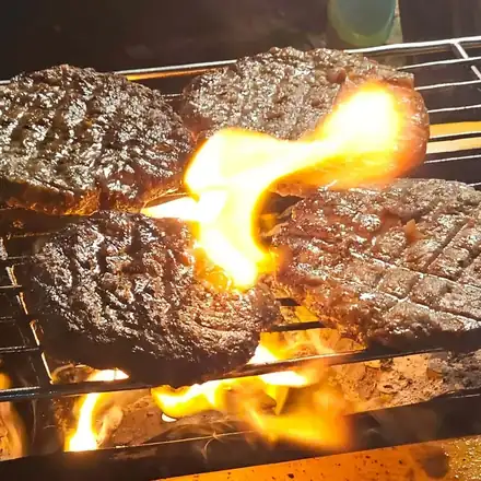Patties grilling over the flame