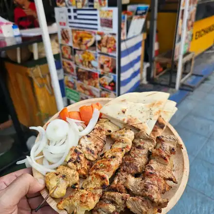A plate of pork souvlaki